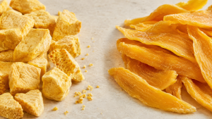 Freeze-dried mango vs soft dried mango texture comparison