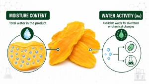 Moisture content and water activity are related measurements, but they play different roles in dried mango quality and stability.