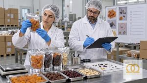 Quality team inspecting finished dried fruit for foreign material concerns