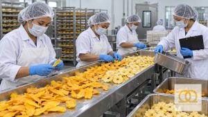 Workers sorting dried fruit to prevent foreign material contamination