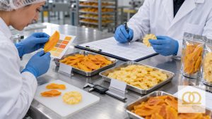 Quality specialists reviewing dried-fruit specifications and samples