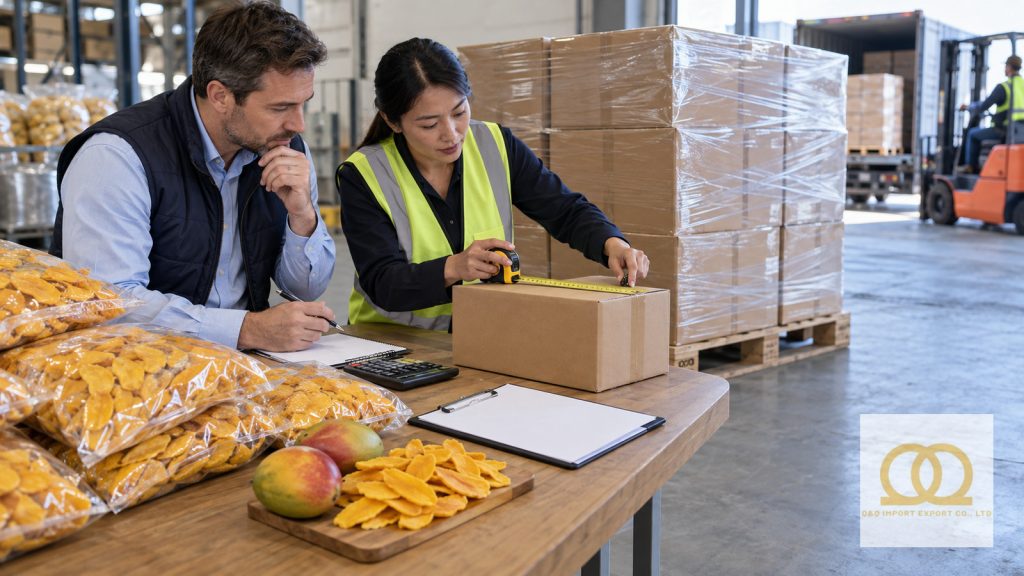 Importer calculating carton and pallet quantities for a dried mango order