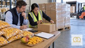 Importer calculating carton and pallet quantities for a dried mango order