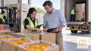 Quality specialist comparing bulk soft-dried mango samples against buyer specifications
