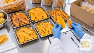 Importer and supplier checking dried mango export cartons before shipment