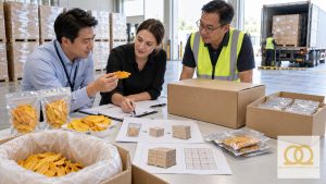 Buyer reviewing dried mango bulk packaging cartons and pallet logistics