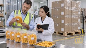 Buyer reviewing dried mango packaging, lot codes and release documents
