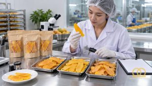 Quality specialist comparing dried mango samples against buyer specifications