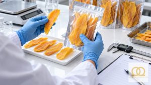 Quality specialist comparing dried mango trial-order samples