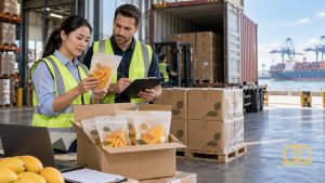 Buyer checking dried mango packaging and logistics for shipment from Vietnam to USA