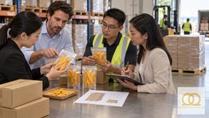 Buyer reviewing dried mango packaging and export cartons with a supplier