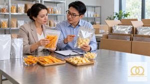 Buyer reviewing packaging for soft-dried and freeze-dried mango